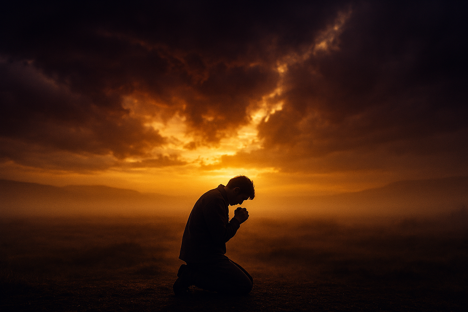 man kneeling in prayer at sunset in spiritual darkness - When God Feels Distant: 7 Prayers for When You Feel Spiritually Empty