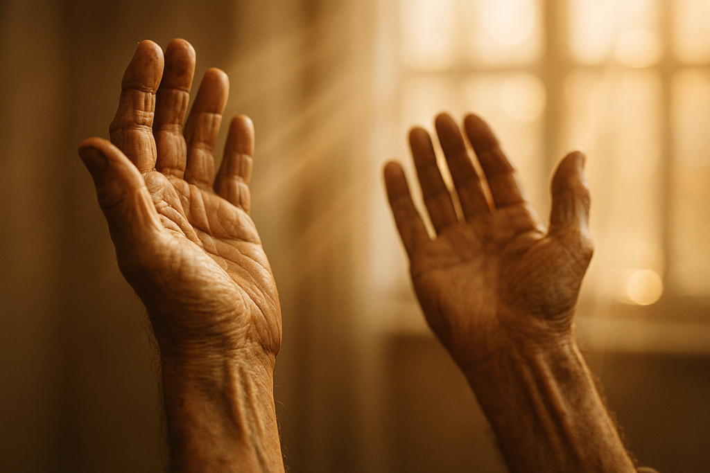 When God Feels Distant: 7 Prayers for When You Feel Spiritually Empty 2 weathered hands raised in surrender and prayer to God - When God Feels Distant: 7 Prayers for When You Feel Spiritually Empty